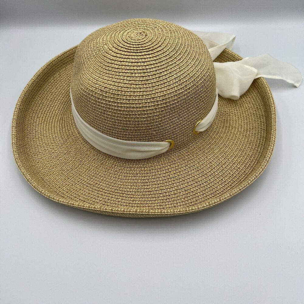 Sun N Sand Womens Wide Brim Straw Sun Hat UPF 50+ Ivory Chiffon Bow One Size